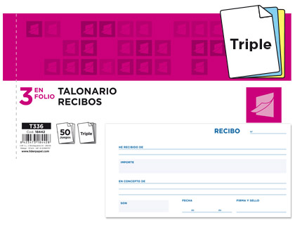 Talonario Liderpapel Recibos 3enFolio apaisado 50 juegos triplicado sin matriz